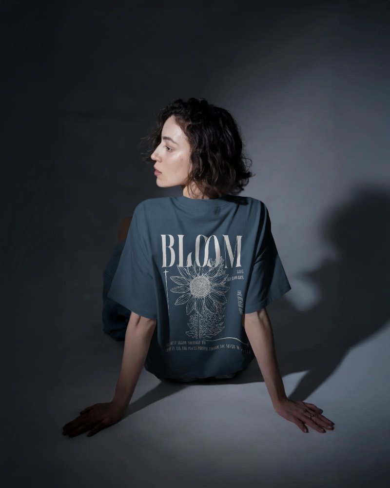 Bloom - Oversized Petrol Blue Back Print T-shirt | Unisex