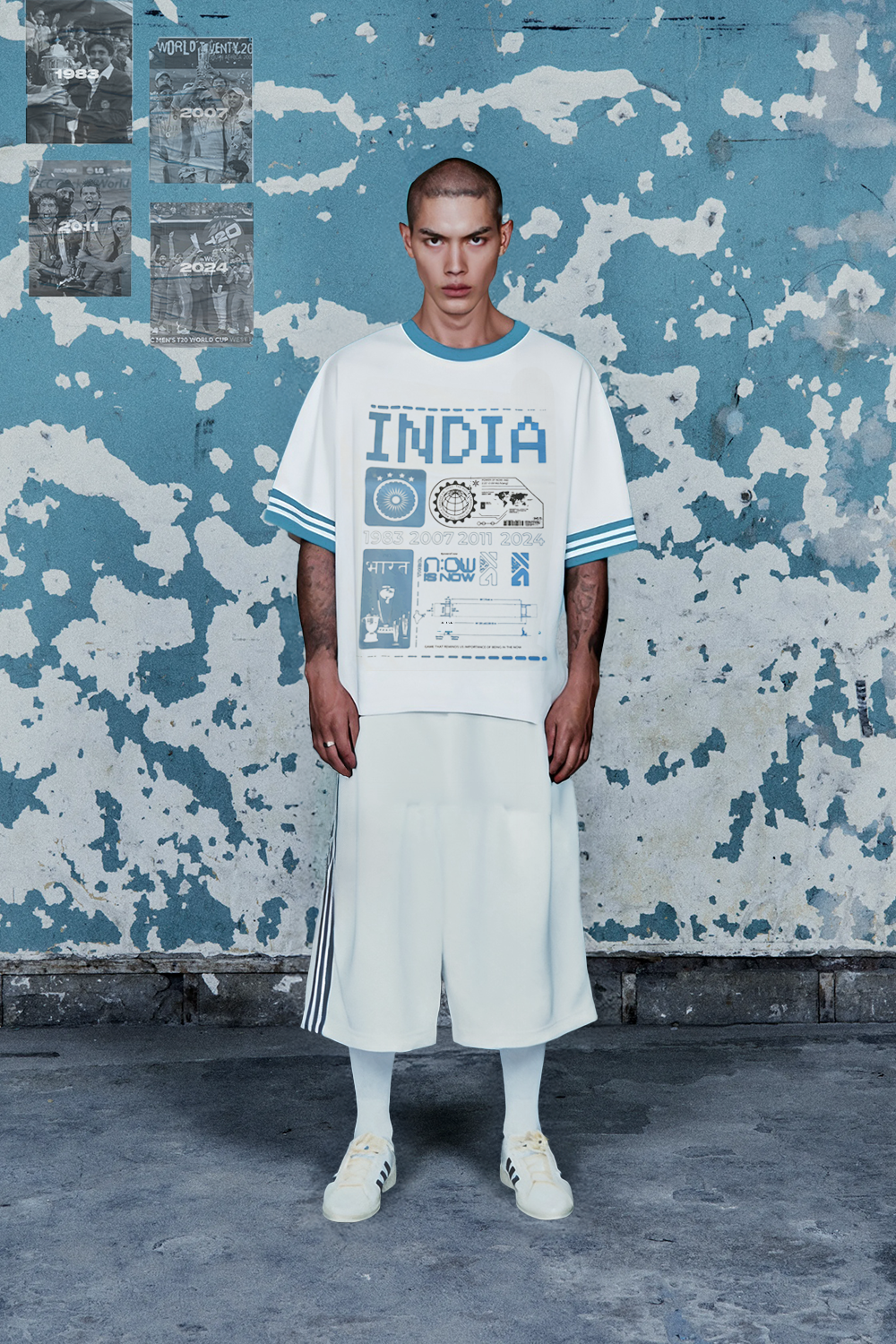 INDIA CONTRAST RIB OVERSIZED T-SHIRT  - WHITE BLUE